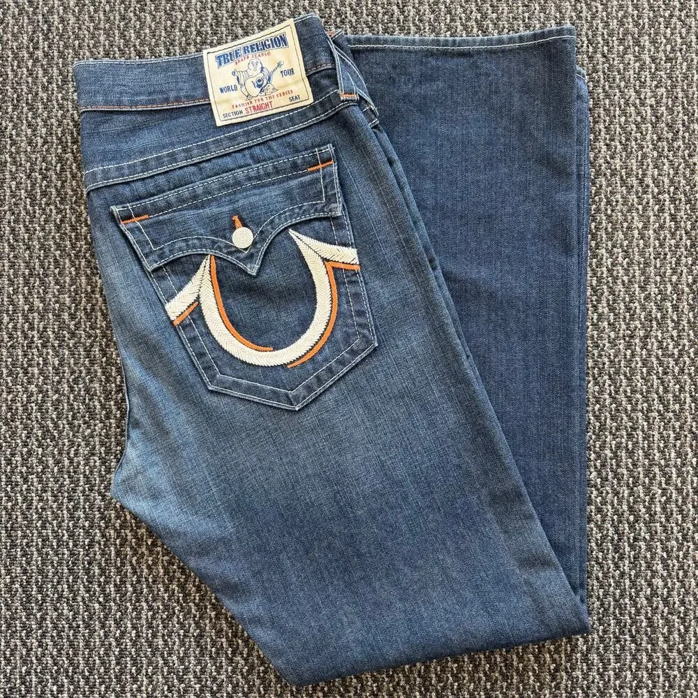 True Religion Straight Jeans Mens Dark Wash Relaxed Straight Flap Pocket 38x33